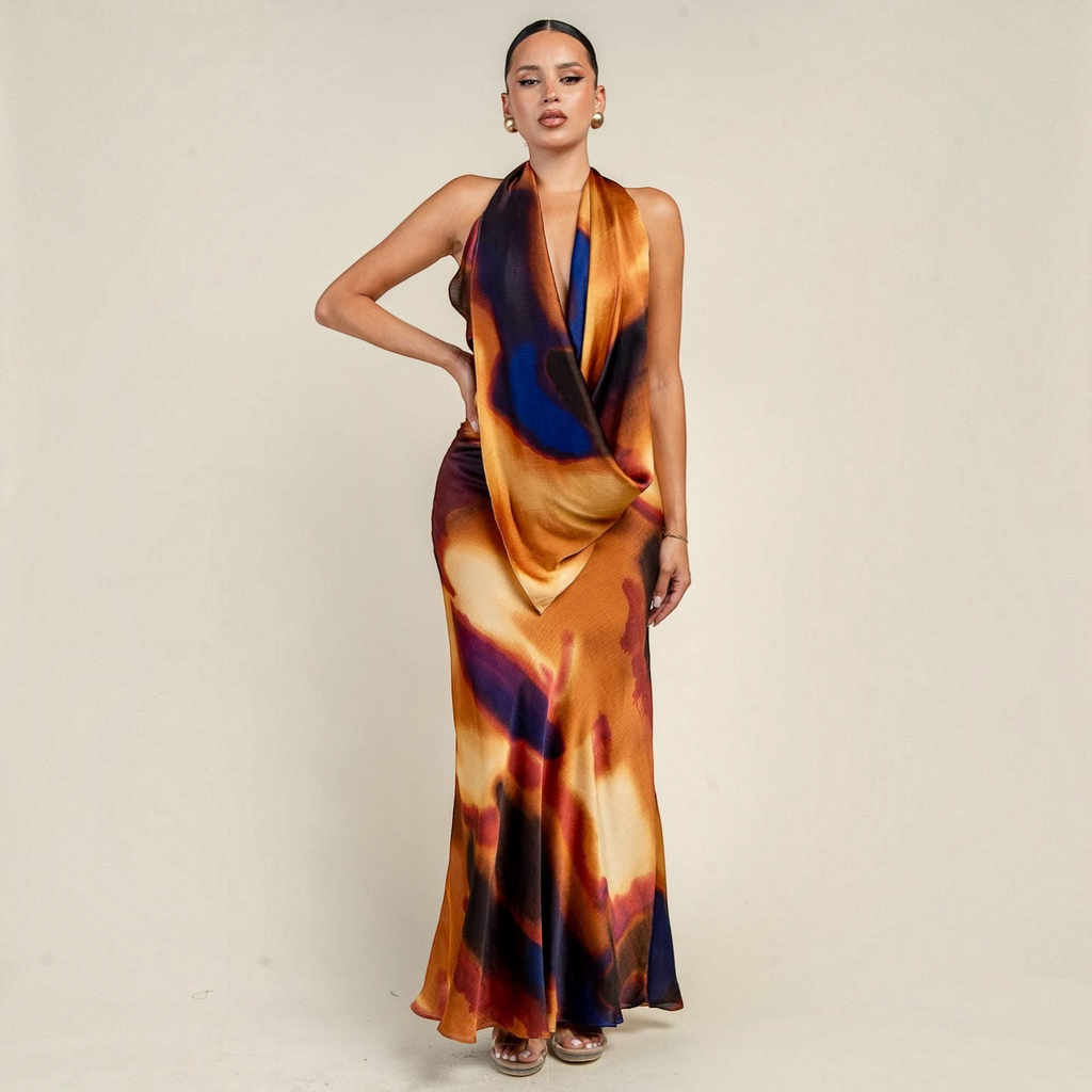 Angie Style Boutique maxi dress with halter cowl neck and abstract orange and purple print in polyester