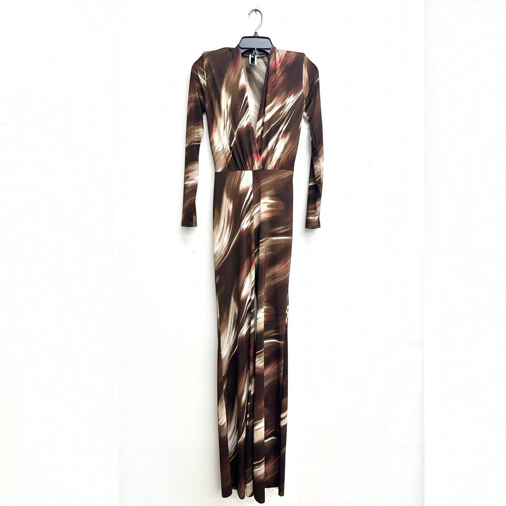 Angie Style Boutique slim fit long sleeve jumpsuit in a brown and white abstract print with a V-neck and shoulder pads