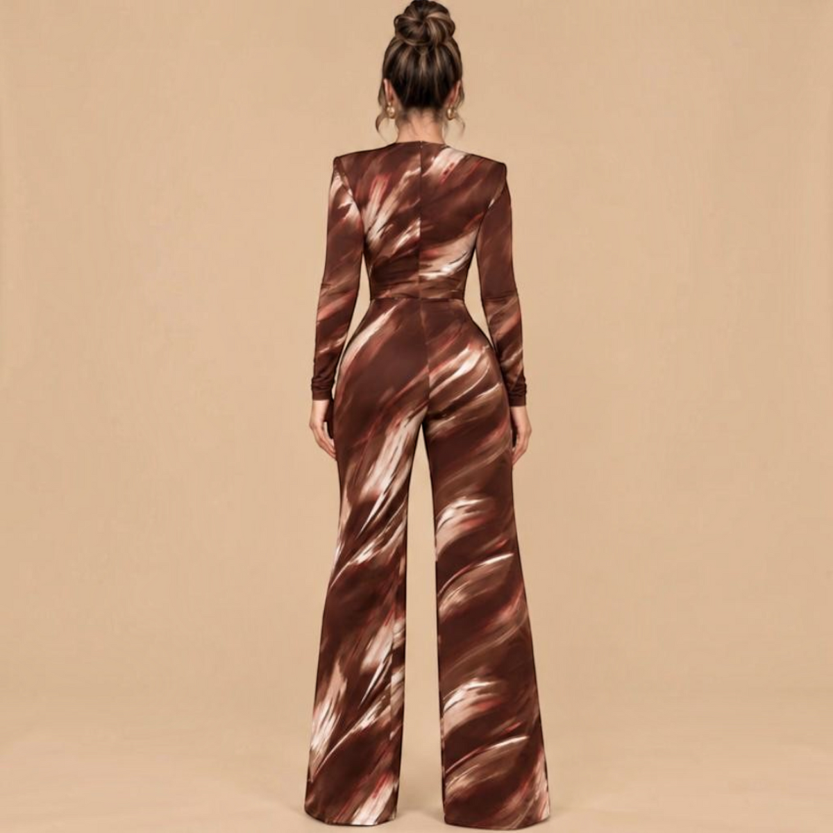 Angie Style Boutique slim fit long sleeve jumpsuit in brown abstract print with shoulder pads, back view