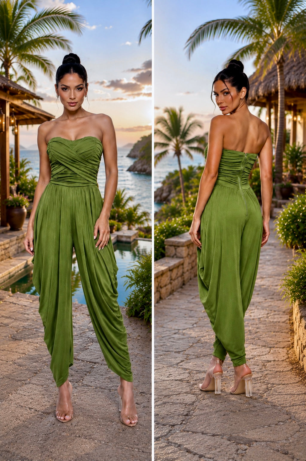 Strapless Mint Green Jumpsuit with Front Bow Detail