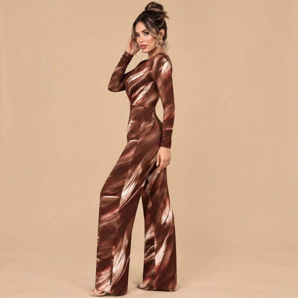 Angie Style Boutique slim fit brown printed long sleeve jumpsuit with shoulder pads and V-neck for dance or cocktail