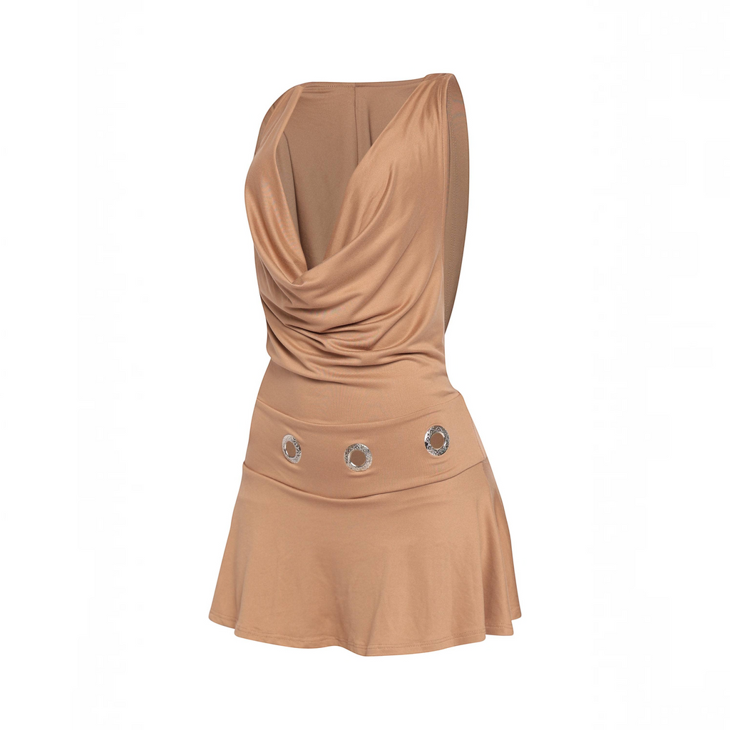 Angie Style Boutique camel mini dress with a cowl neckline, hooded detail, and silver eyelet accents on the waist.