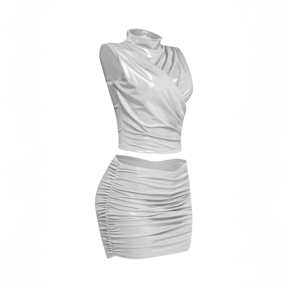 Angie Style Boutique silver foiled mock neck sleeveless top and ruched mini skirt set with built-in shorts