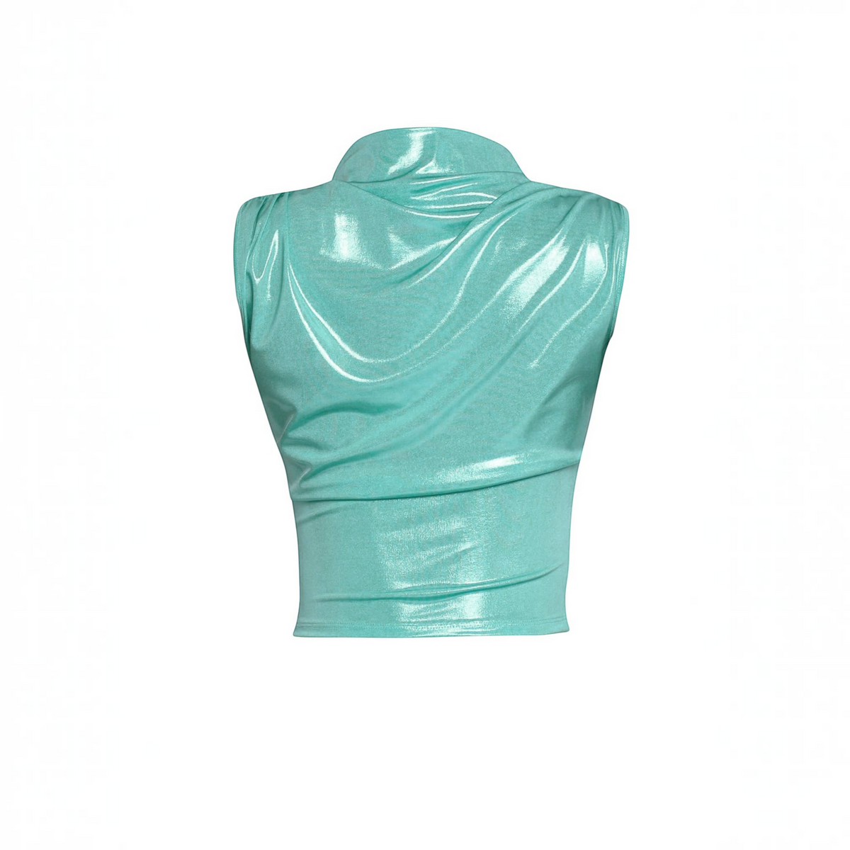 Angie Style Boutique mint green sleeveless mock neck top with a metallic foiled finish and slim fit.