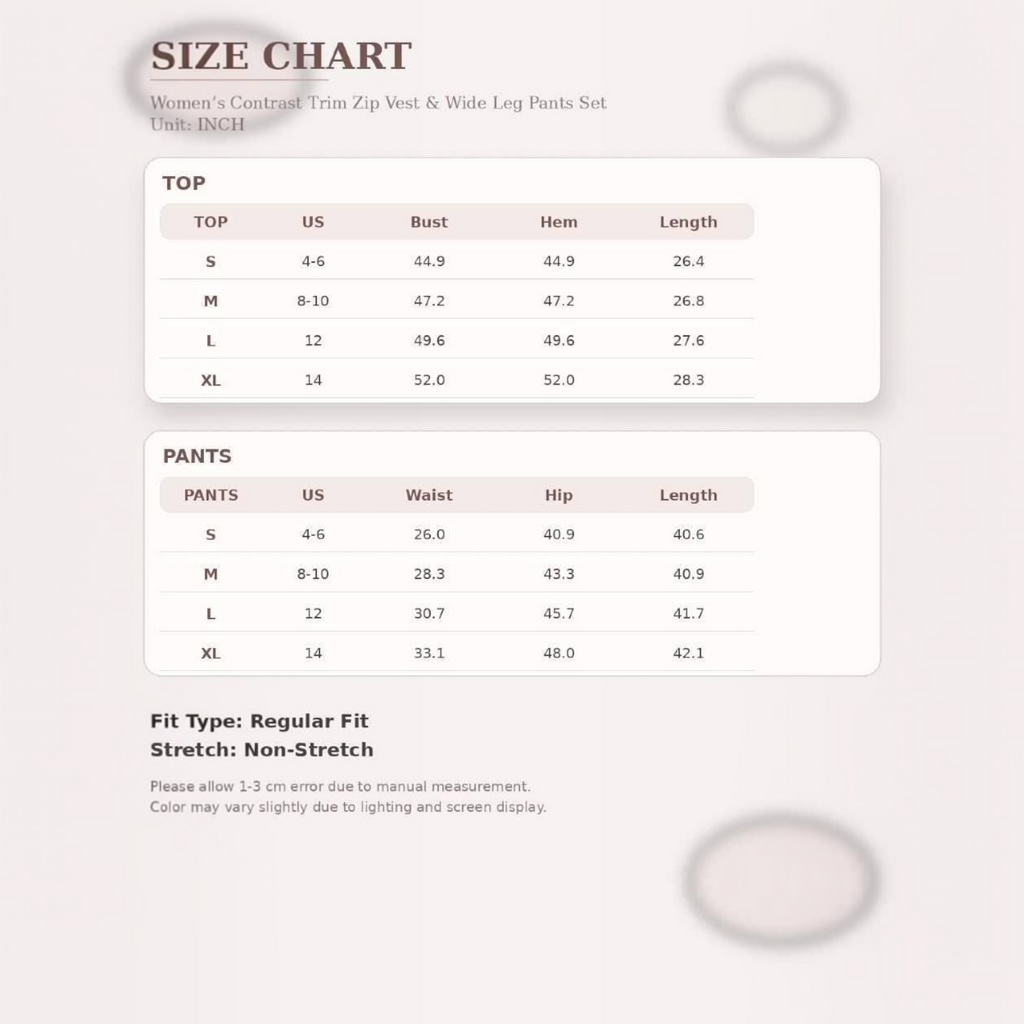 Angie Style Boutique size chart for women's contrast trim zip vest and wide leg pants set with measurements in inches