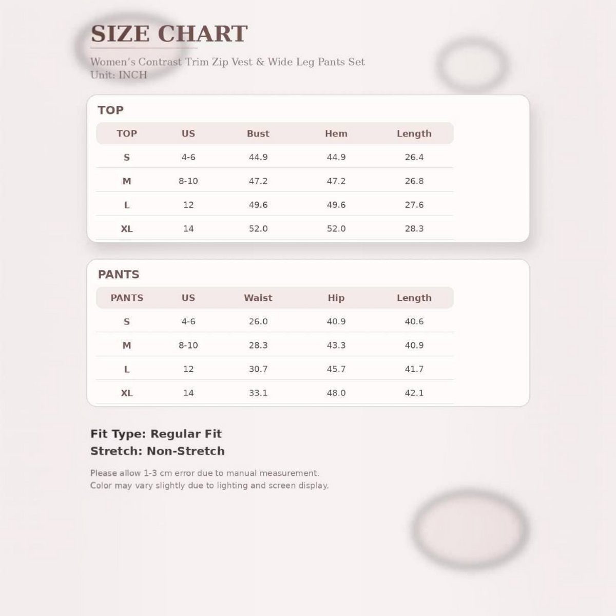 Angie Style Boutique size chart for women's contrast trim zip vest and wide leg pants set with measurements in inches