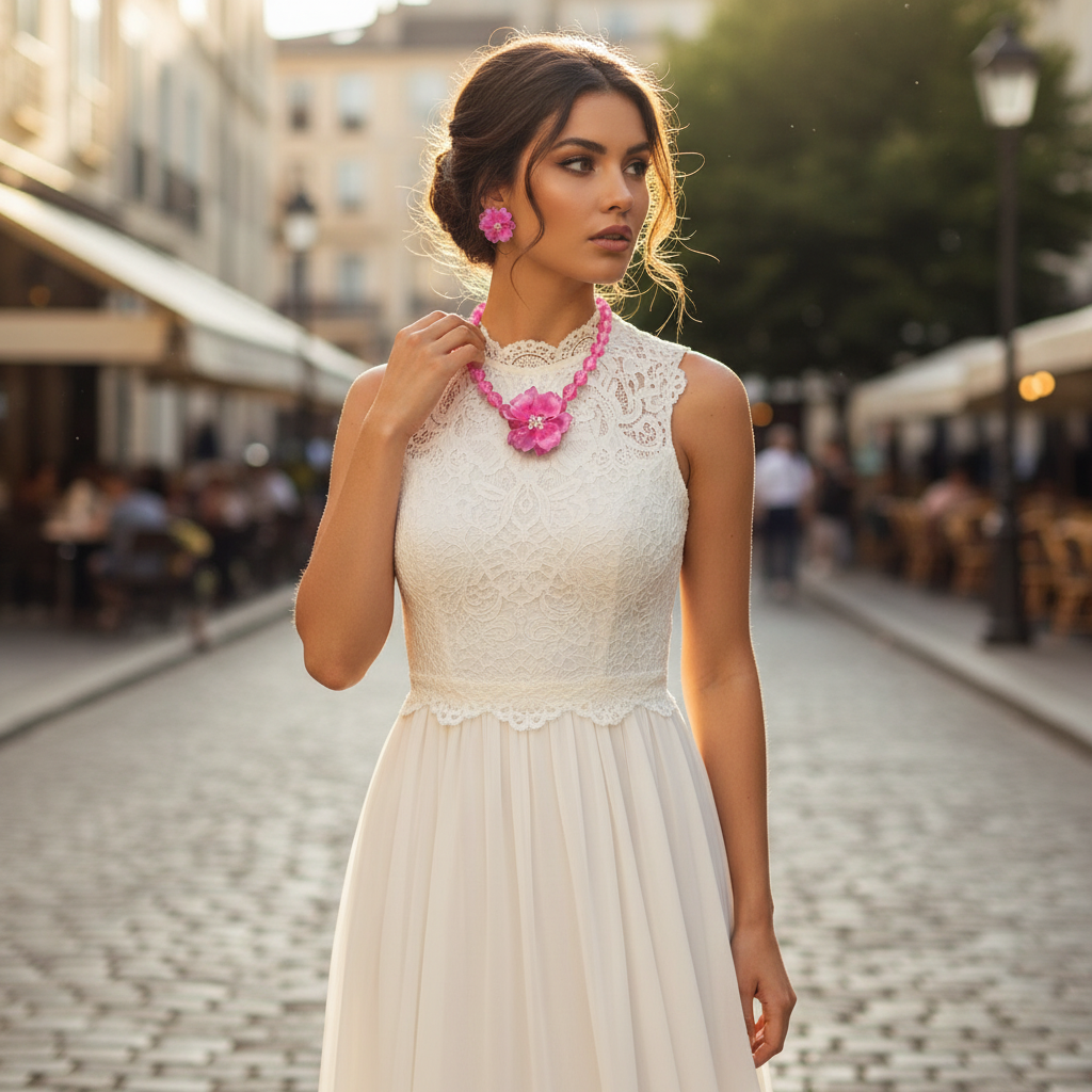 Hot Pink Floral Beaded Necklace & Earrings Set