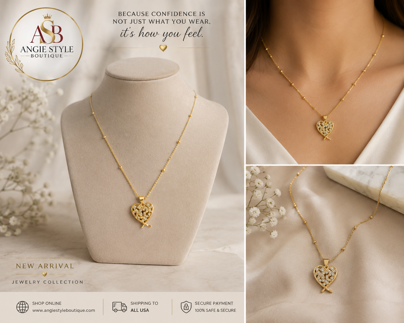 Gold Satellite Chain Filigree Heart Pendant Necklace