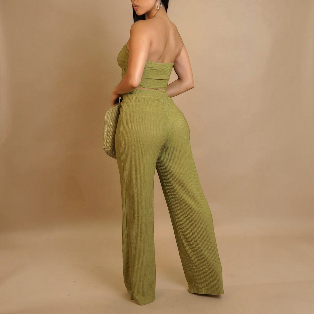 Angie Style Boutique green two-piece set featuring a strapless tube top and wide-leg pants with textured fabric.