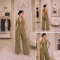 Olive Green Halter Deep V-Neck Wide Leg Jumpsuit | Angie Style Boutique