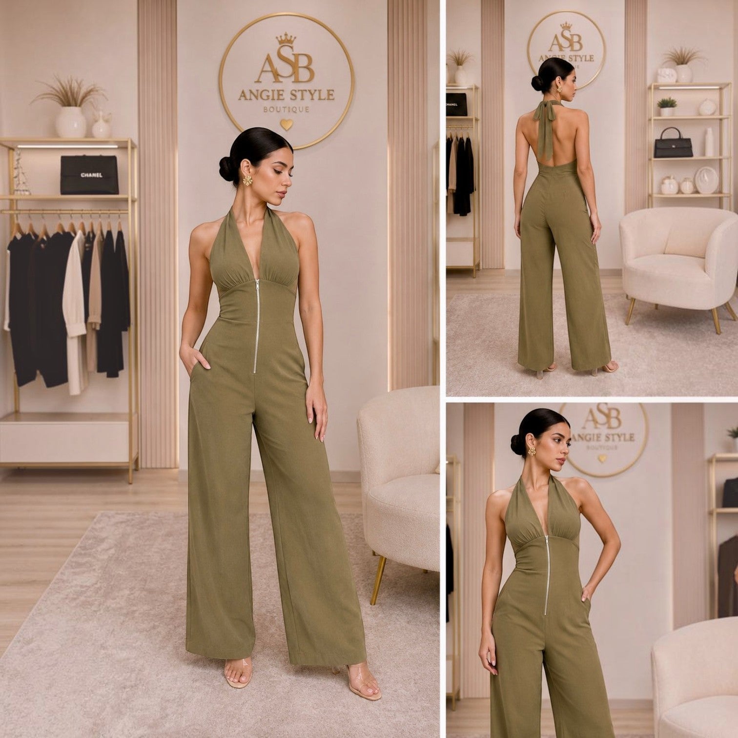 Olive Green Halter Deep V-Neck Wide Leg Jumpsuit | Angie Style Boutique