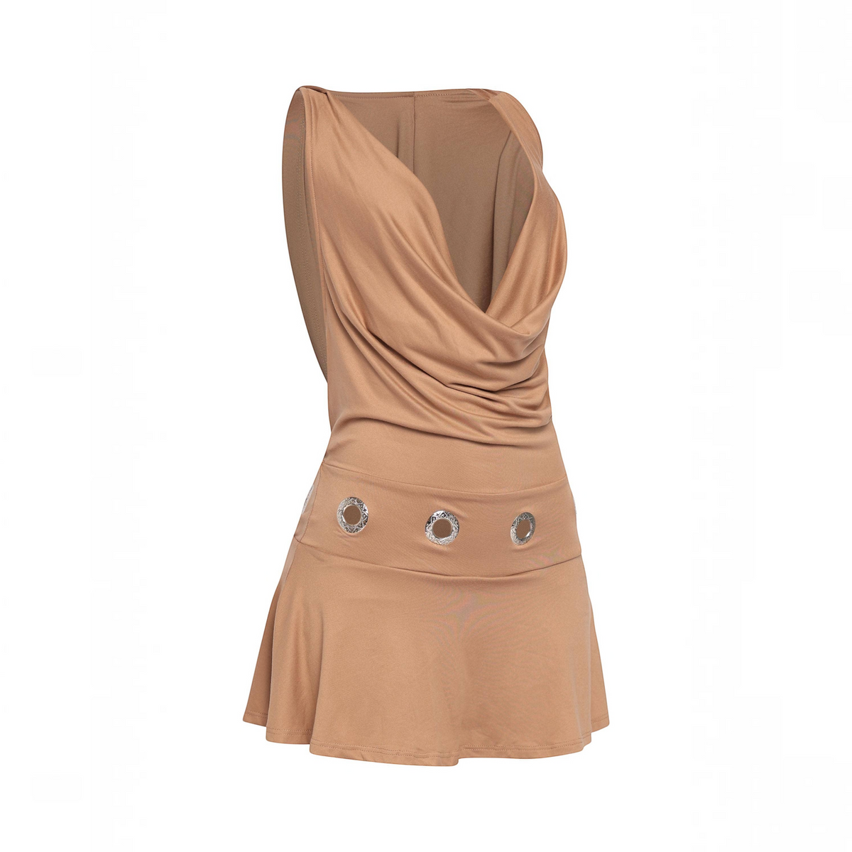 Angie Style Boutique camel mini dress with cowl neckline, hood, open back, and silver eyelet waist detail.