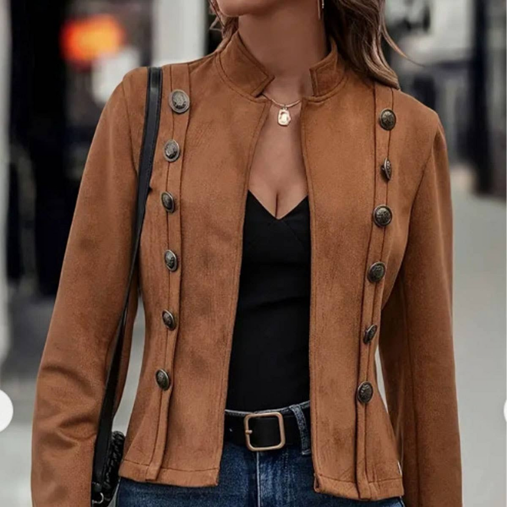 Angie Style Boutique brown velvet double-breasted slim-fit jacket with vintage style metallic buttons