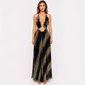 Angie Style Boutique metallic ombré maxi dress with plunging neckline, gold ring detail, and waist cutout.