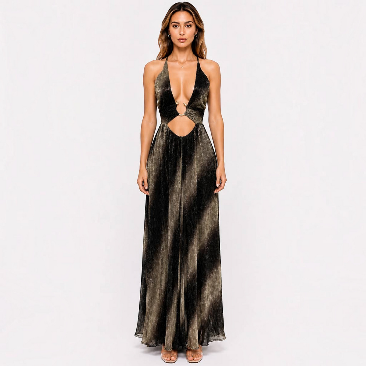 Angie Style Boutique metallic ombré maxi dress with plunging neckline, gold ring detail, and waist cutout.