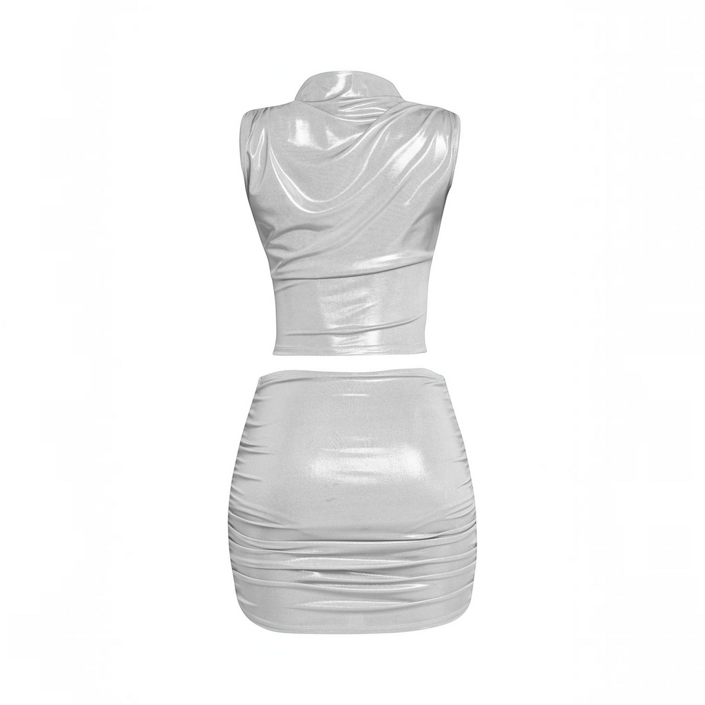 Angie Style Boutique silver foiled mock neck sleeveless top and ruched mini skirt set with back view.