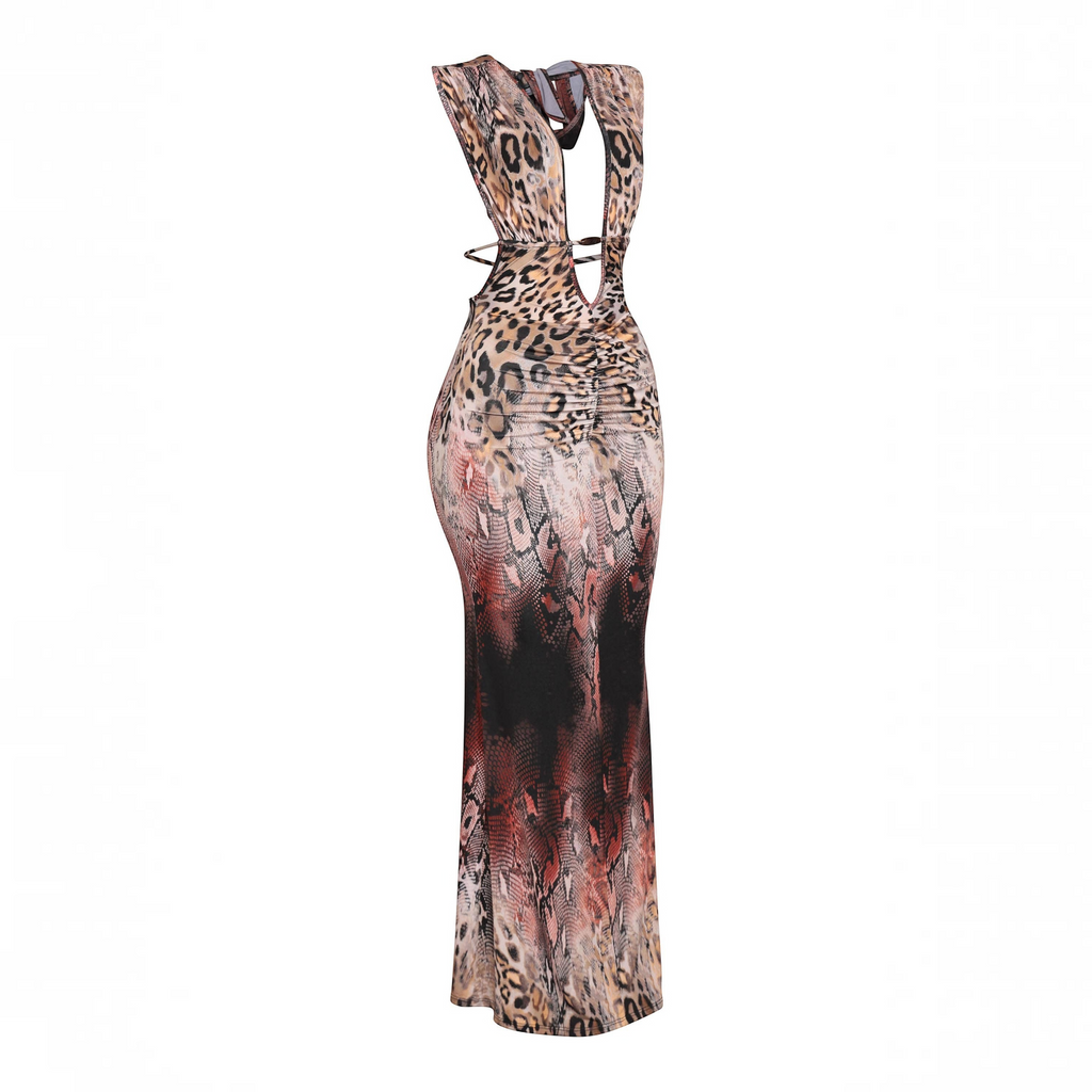 Brown Multi-Animal Print Halter Maxi Dress