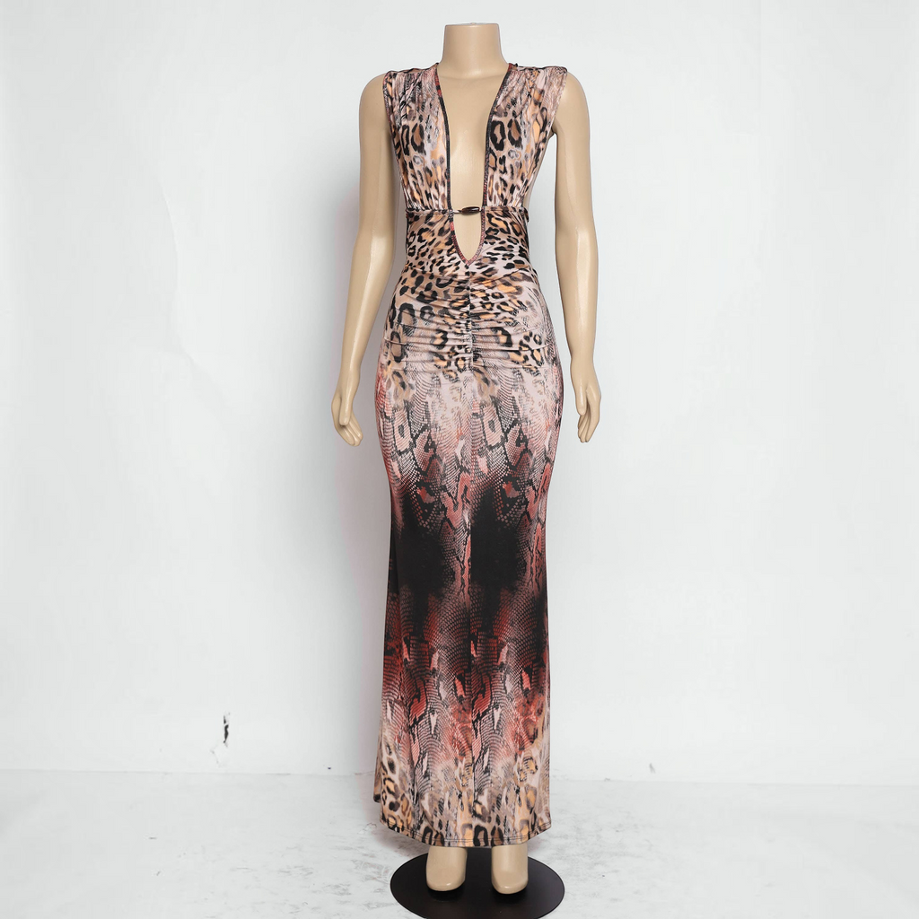 Angie Style Boutique brown multi-animal print halter maxi dress with a deep V neckline on a mannequin
