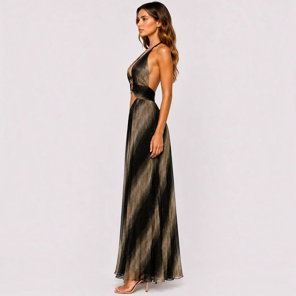 Angie Style Boutique metallic ombré maxi dress with gold ring detail, plunging neckline, and side cutout view