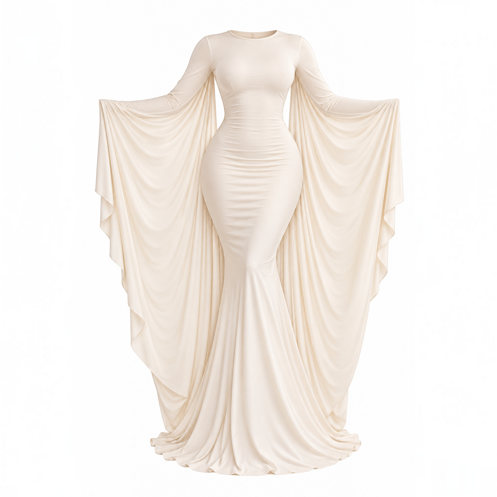 Angie Style Boutique off-white long-sleeve maxi dress with a fitted column silhouette and fluid draped side capes.