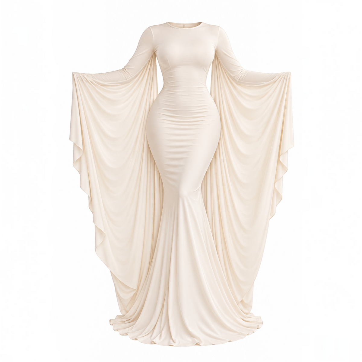 Angie Style Boutique off-white long-sleeve maxi dress with a fitted column silhouette and fluid draped side capes.