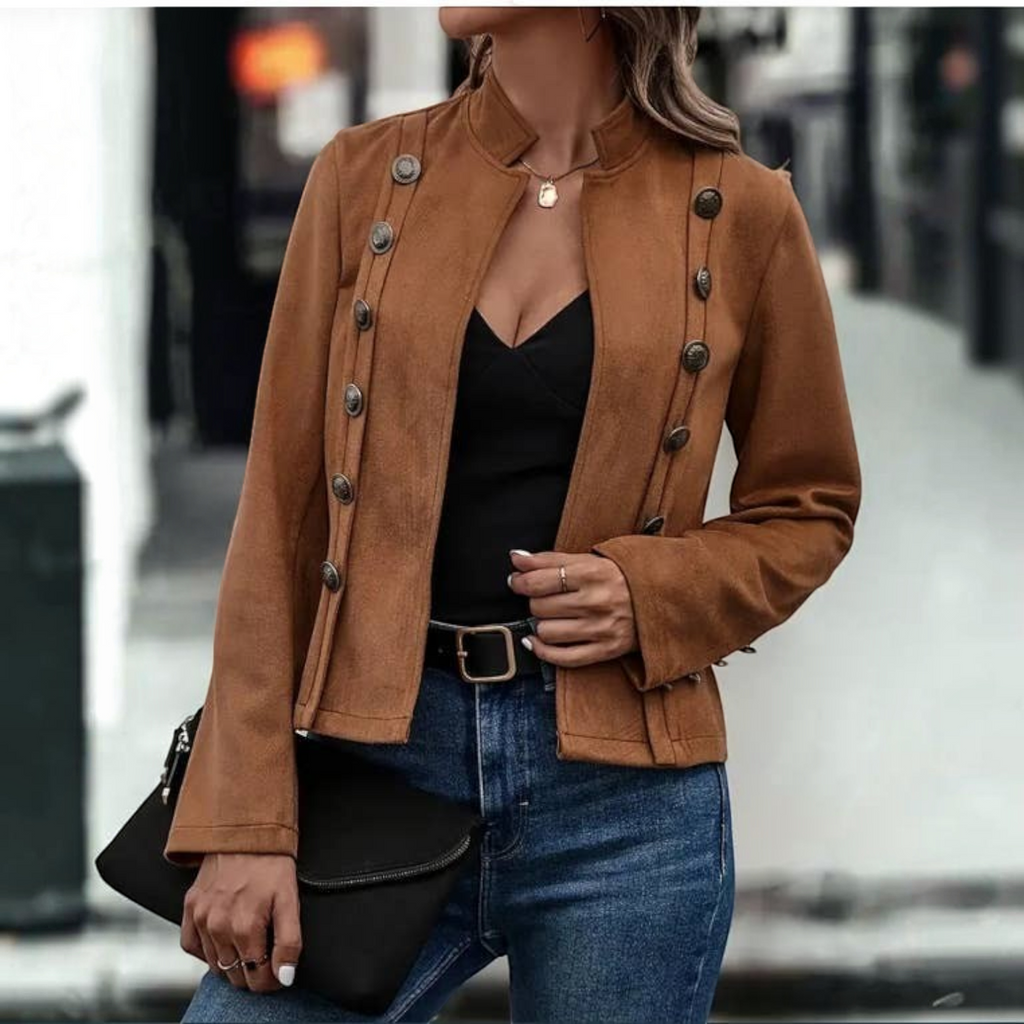 Angie Style Boutique brown velvet double-breasted slim-fit jacket with vintage-style buttons worn by a woman