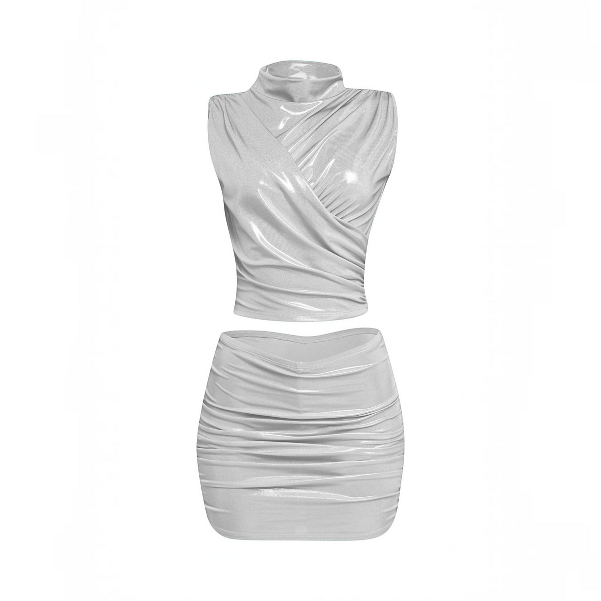 Angie Style Boutique silver foiled mock neck sleeveless top and ruched skirt set with elastic waistband.