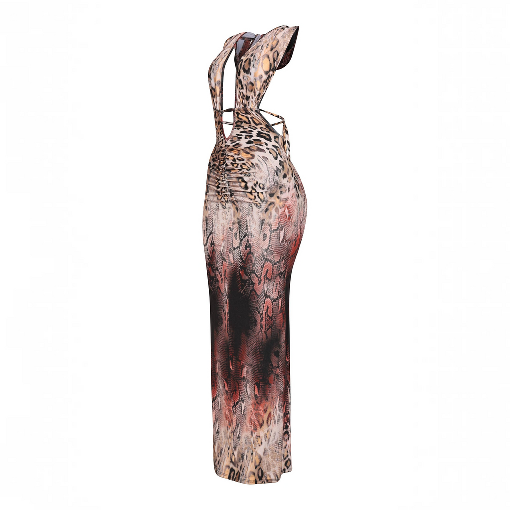 Angie Style Boutique brown multi-animal print maxi dress with a halter neckline and deep V front in a slim fit.