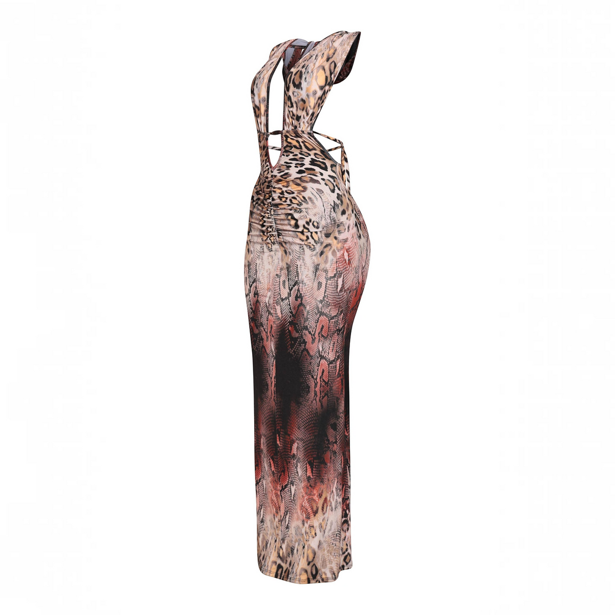 Angie Style Boutique brown multi-animal print maxi dress with a halter neckline and deep V front in a slim fit.