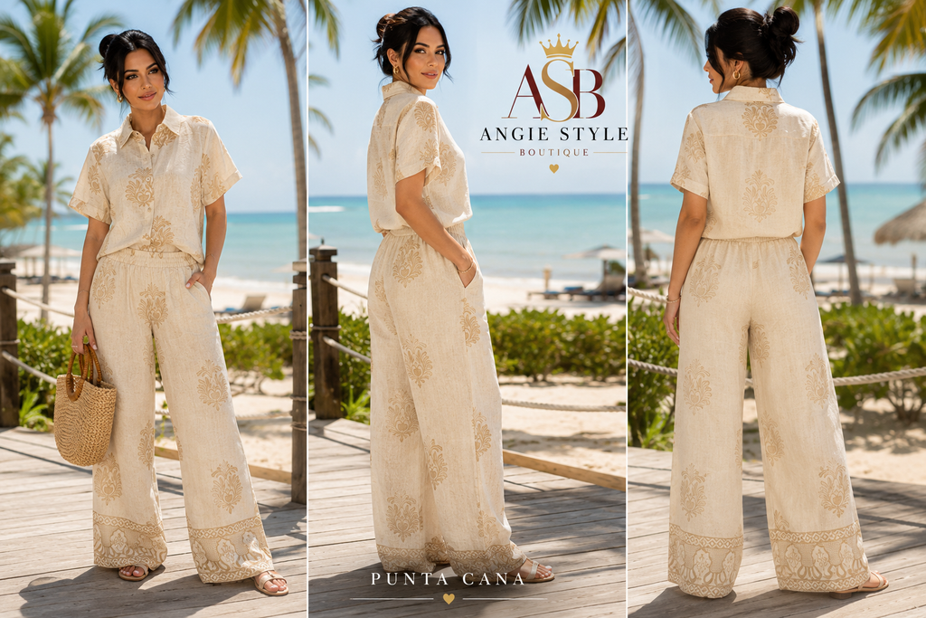 Cream Floral Embroidered Two-Piece Resort Set