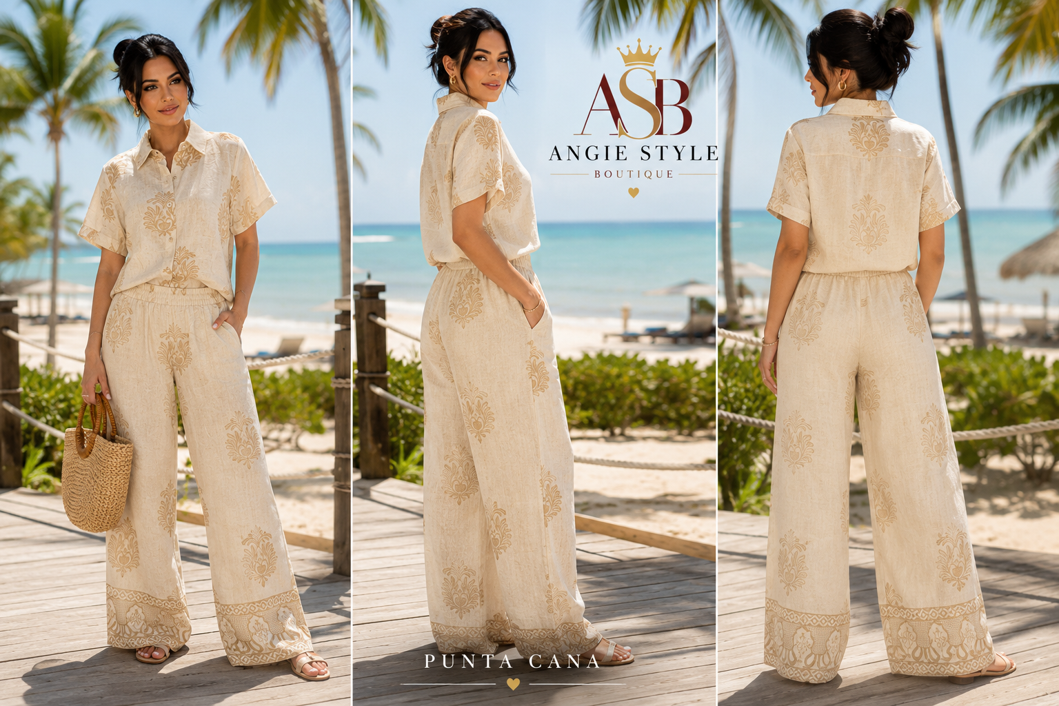 Cream Floral Embroidered Two-Piece Resort Set