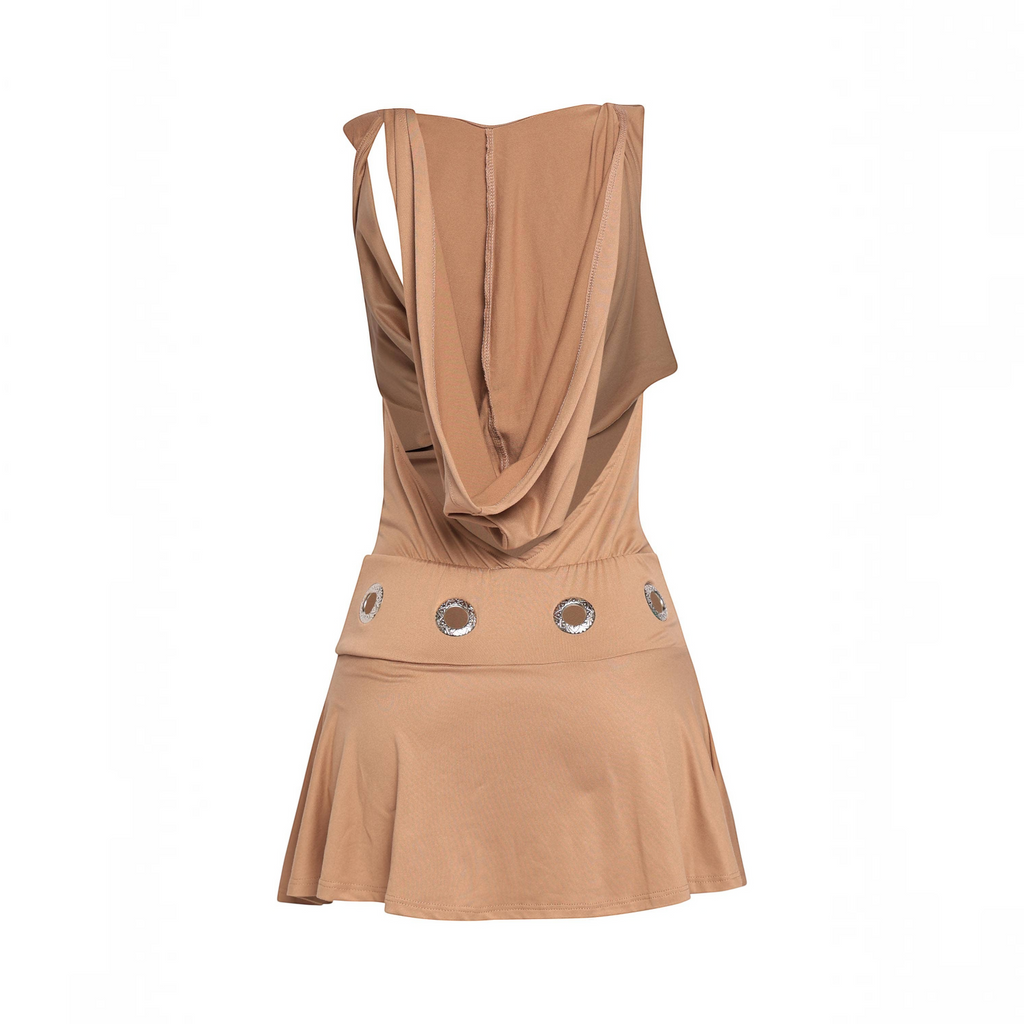 Angie Style Boutique camel hooded mini dress with open back, cowl neck, and silver eyelet detail on the flared skirt.