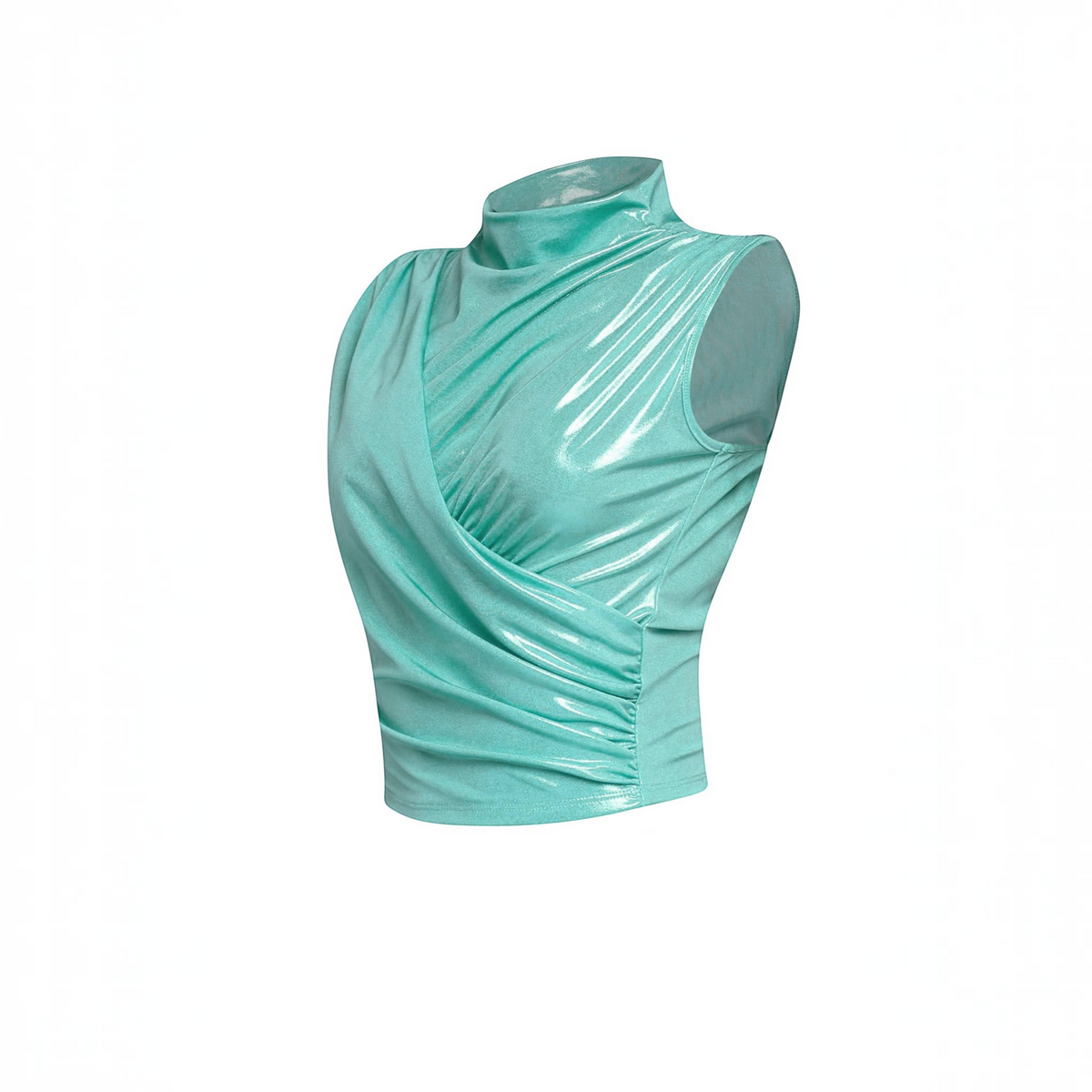 Angie Style Boutique mint green sleeveless mock neck top with a metallic foiled finish and draped wrap-front detail.