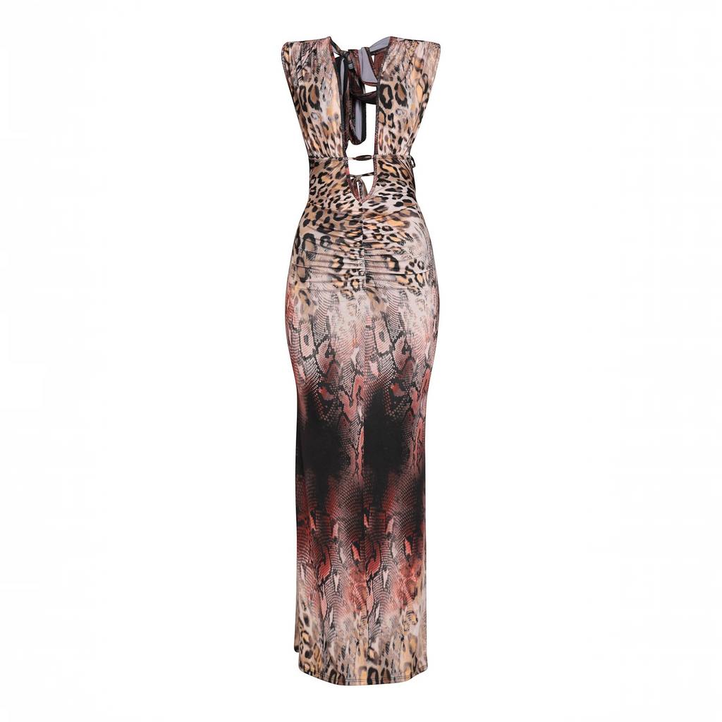 Angie Style Boutique brown multi-animal print maxi dress with a halter neckline and open back design.
