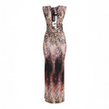 Angie Style Boutique brown multi-animal print maxi dress with a halter neckline and open back design.