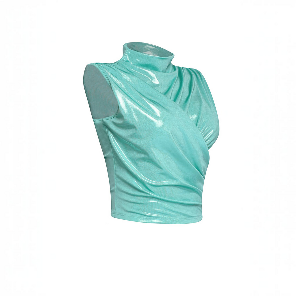 Angie Style Boutique mint green sleeveless mock neck top with a metallic foiled finish and draped wrap front detail.