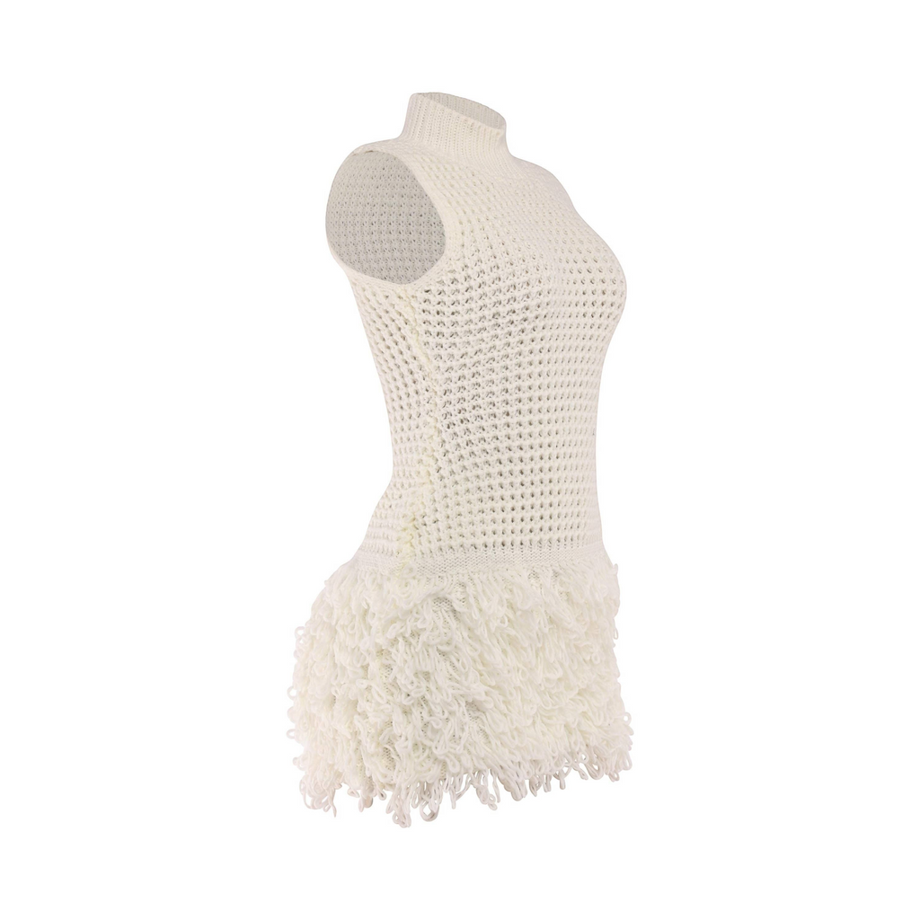 Angie Style Boutique off-white sleeveless crochet mini dress with a mock neckline and textured fringe tassel hem.