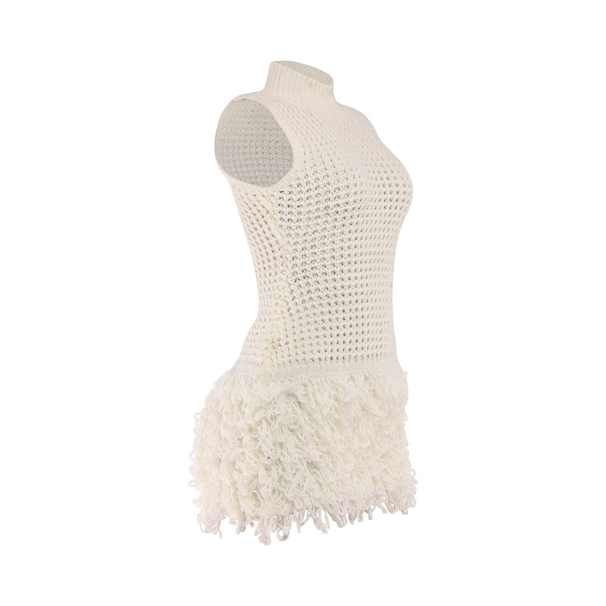 Angie Style Boutique off-white sleeveless crochet mini dress with a mock neckline and textured fringe tassel hem.