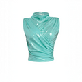 Angie Style Boutique mint green sleeveless mock neck top with a metallic foiled finish and elegant wrap-style draping.