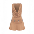 Angie Style Boutique camel mini dress with a cowl neckline, hooded detail, and silver eyelet accents at the waist.