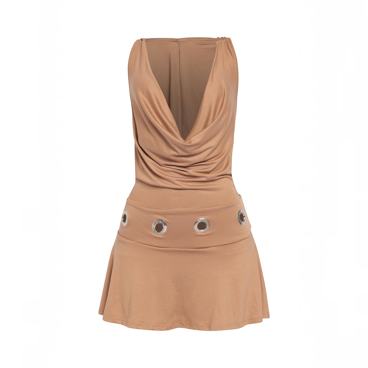 Angie Style Boutique camel mini dress with a cowl neckline, hooded detail, and silver eyelet accents at the waist.
