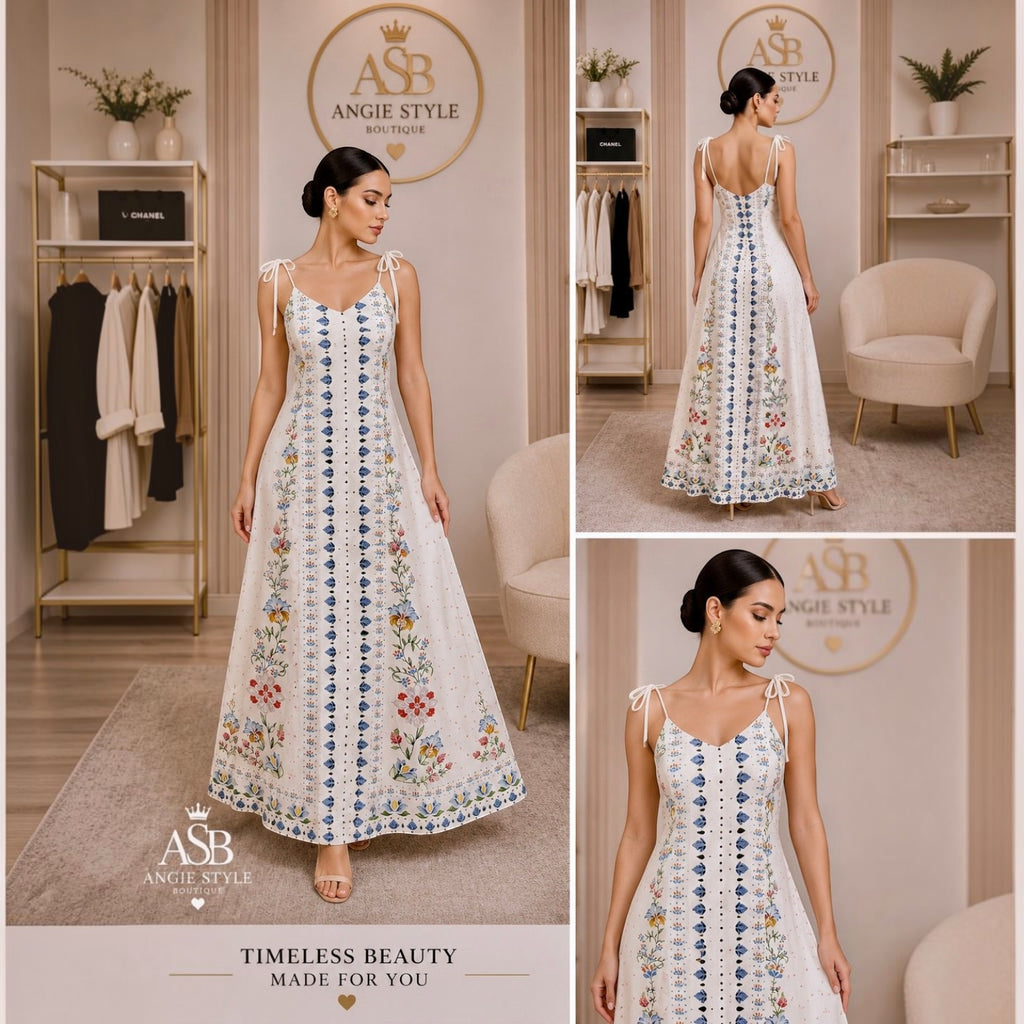 White Maxi Dress with Blue & Gold Vertical Trim | Angie Style Boutique