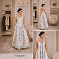 White Maxi Dress with Blue & Gold Vertical Trim | Angie Style Boutique