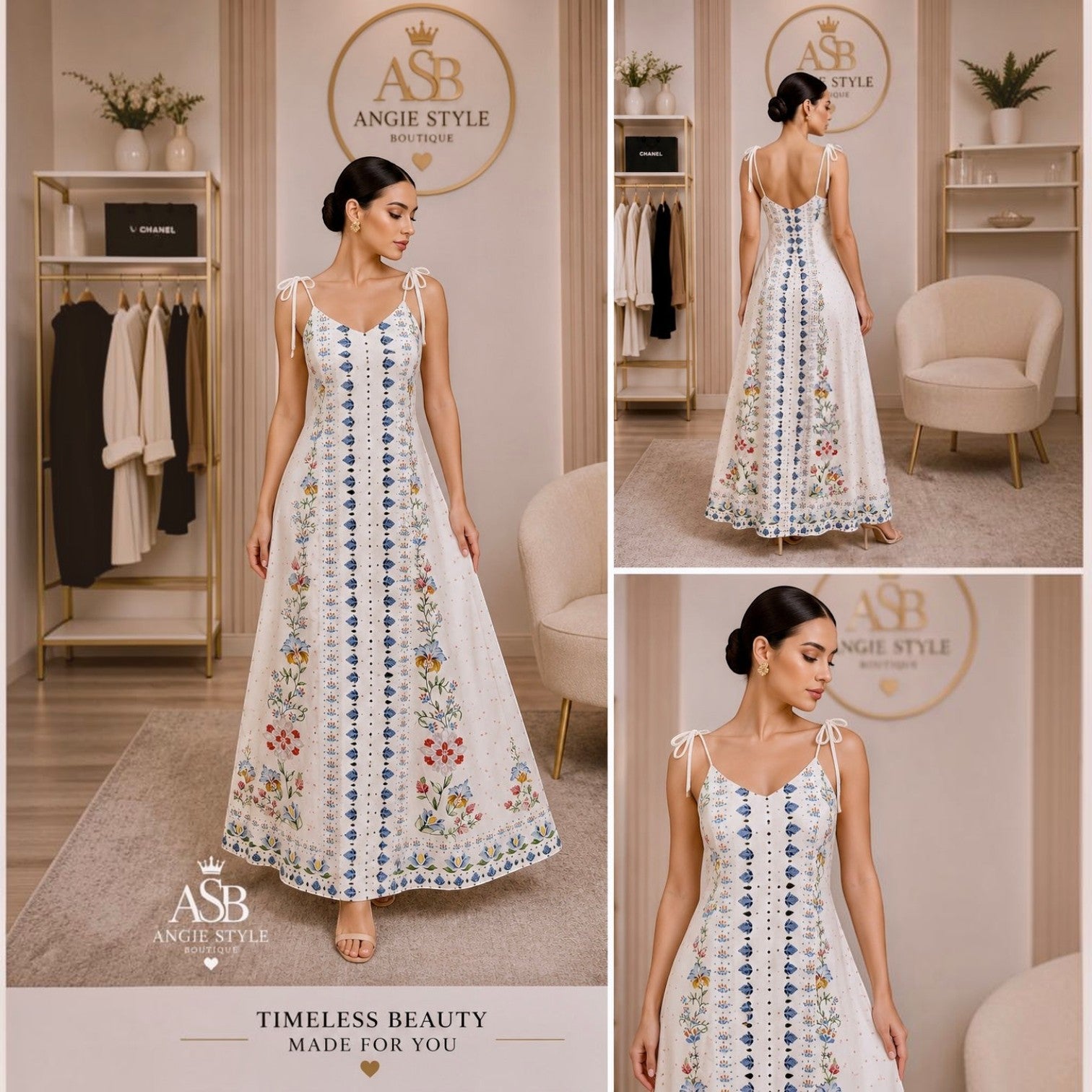 White Maxi Dress with Blue & Gold Vertical Trim | Angie Style Boutique