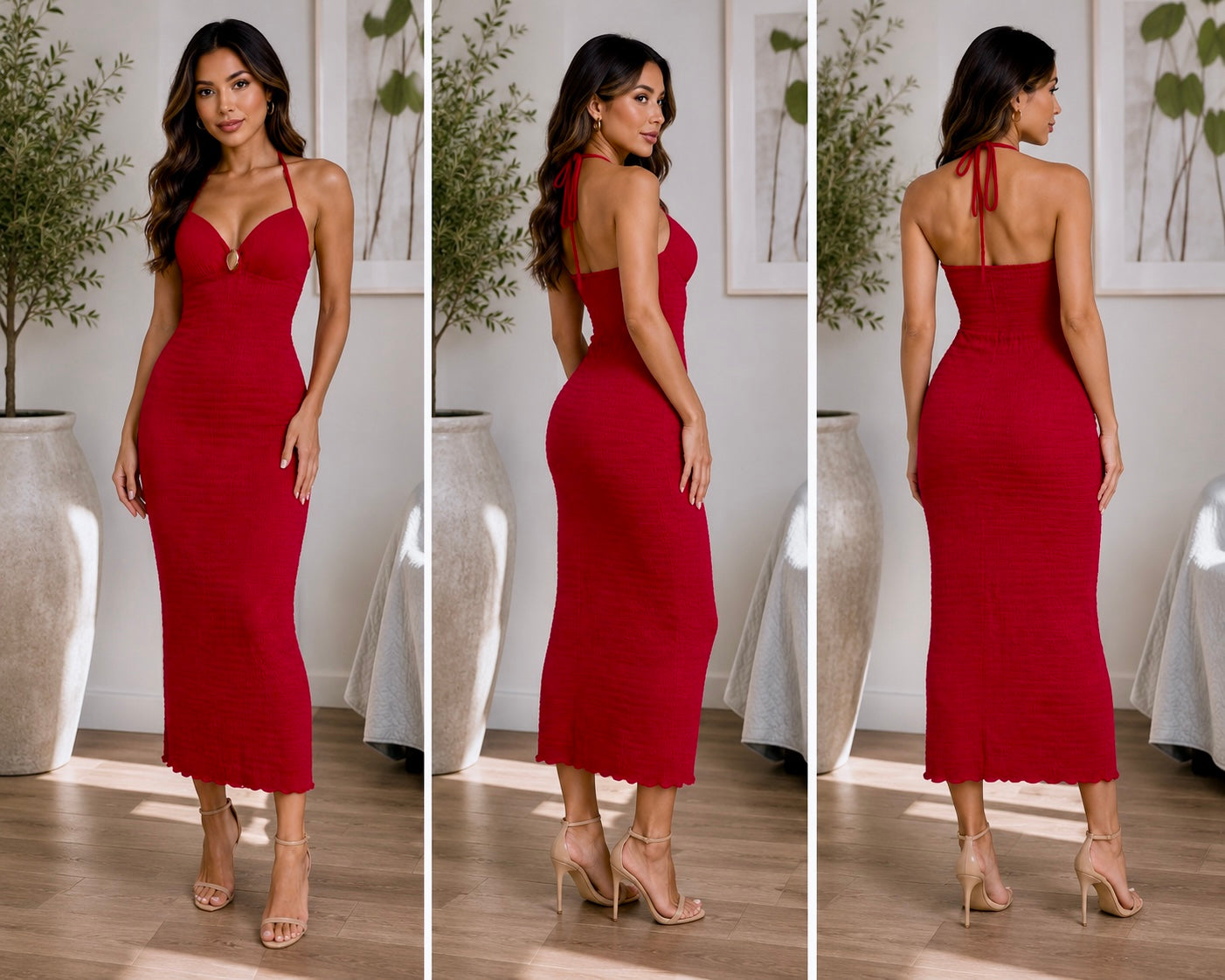 No Comment Red Halter Bodycon Midi Dress