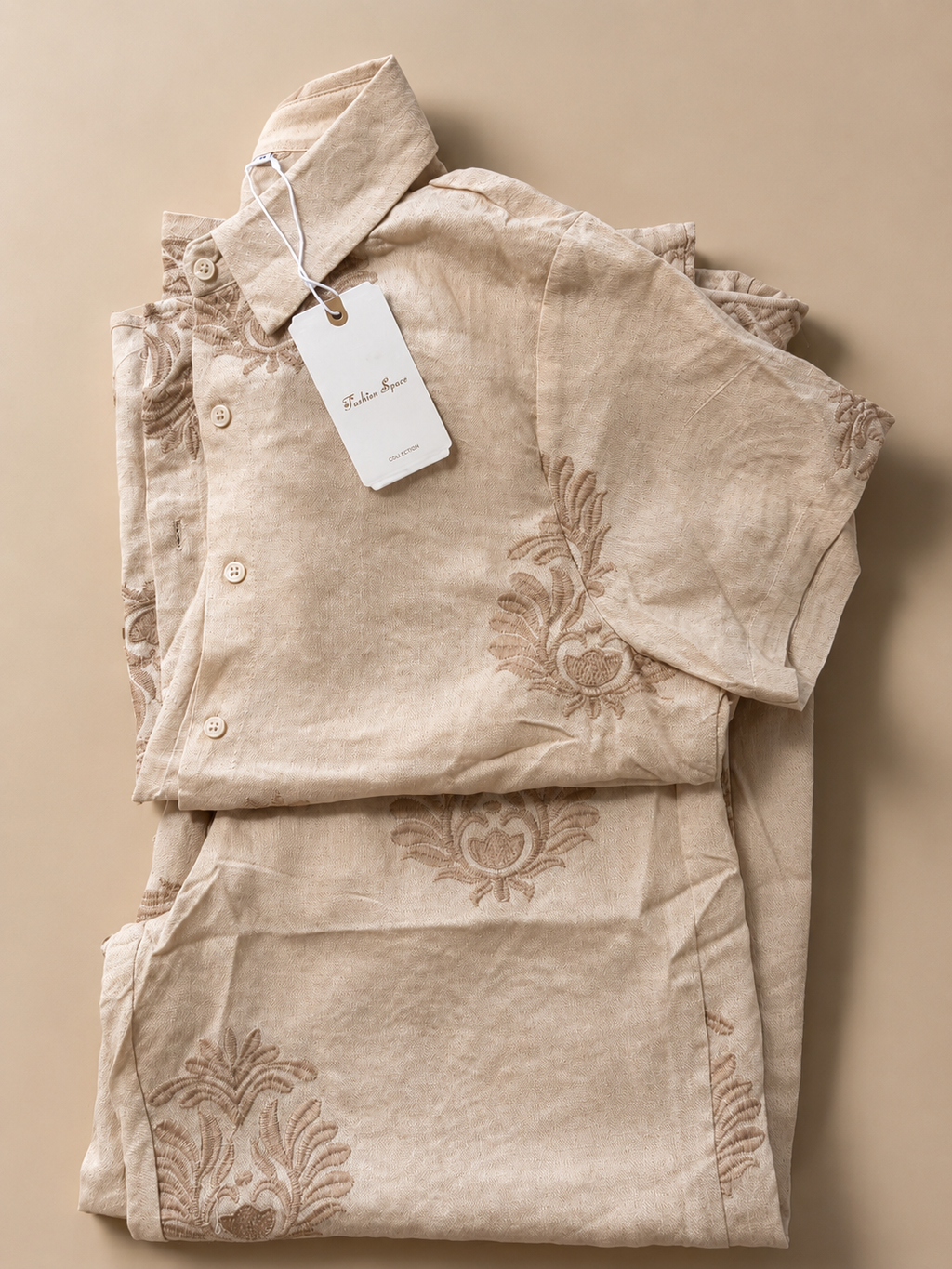 Cream Floral Embroidered Two-Piece Resort Set