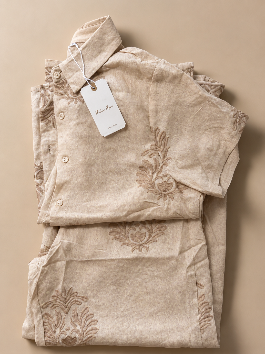 Cream Floral Embroidered Two-Piece Resort Set