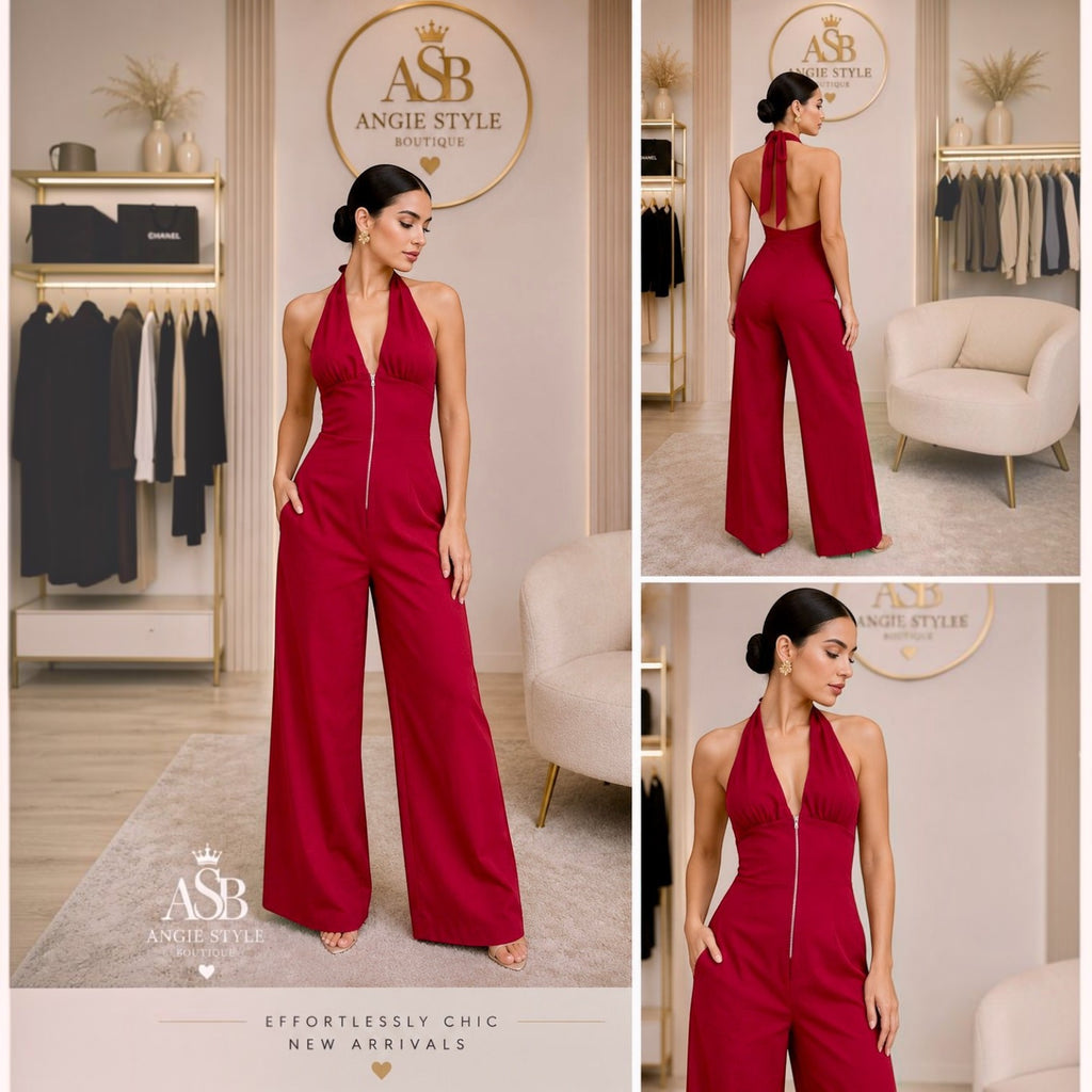 Red Halter Neck Deep V-Neck Jumpsuit | Angie Style Boutique