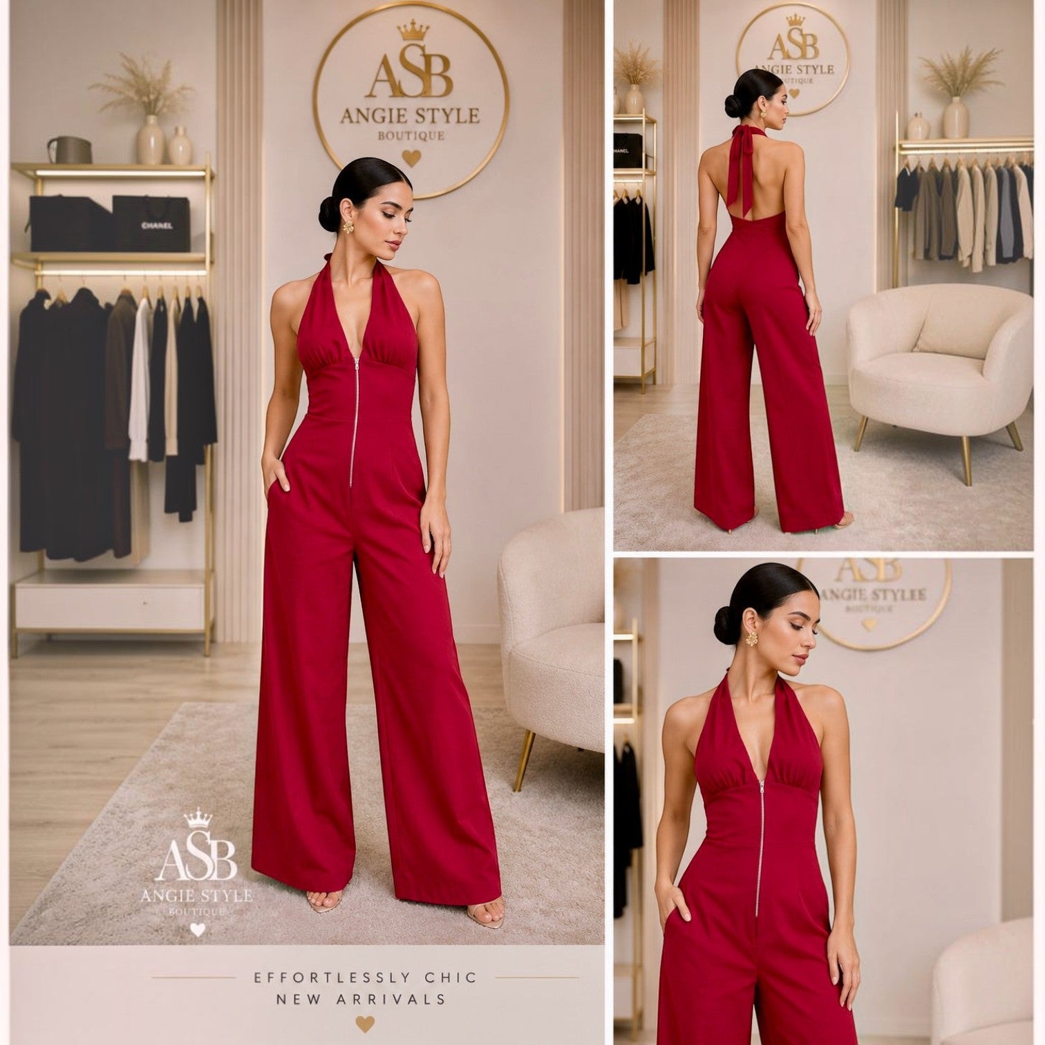 Red Halter Neck Deep V-Neck Jumpsuit | Angie Style Boutique