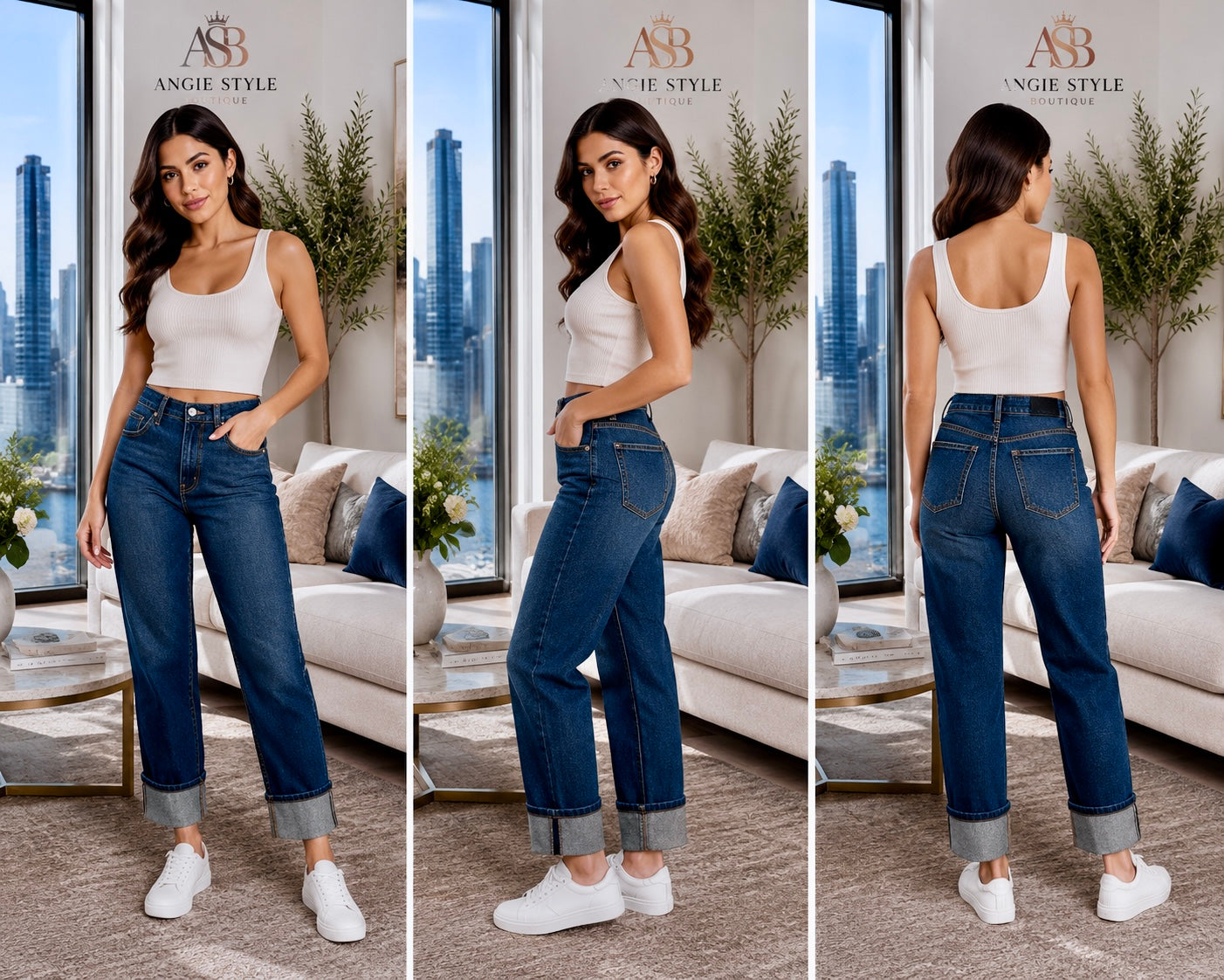 High-Rise Cuffed Straight-Leg Jeans